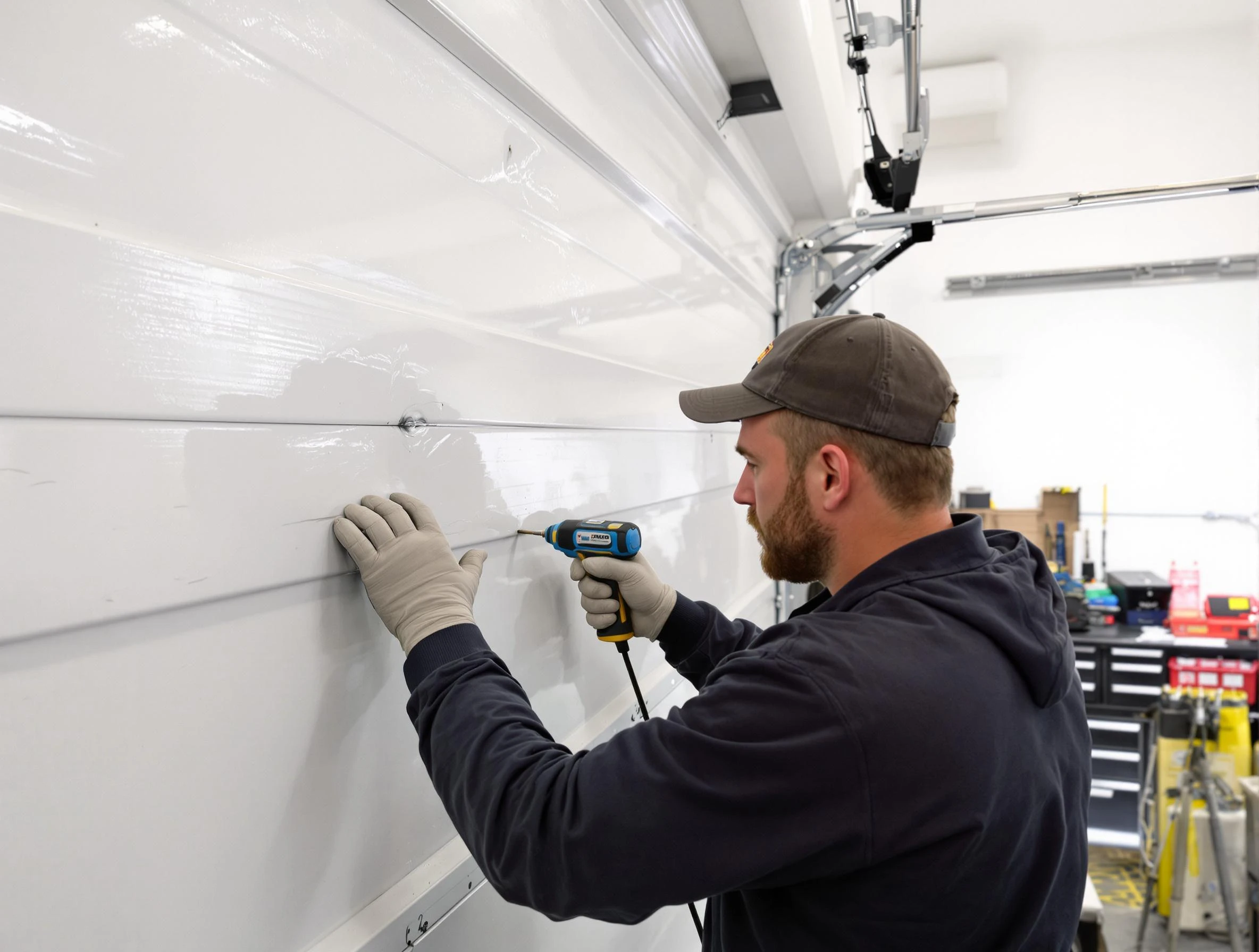 Old Bridge Garage Door Repair technician demonstrating precision dent removal techniques on a Old Bridge garage door